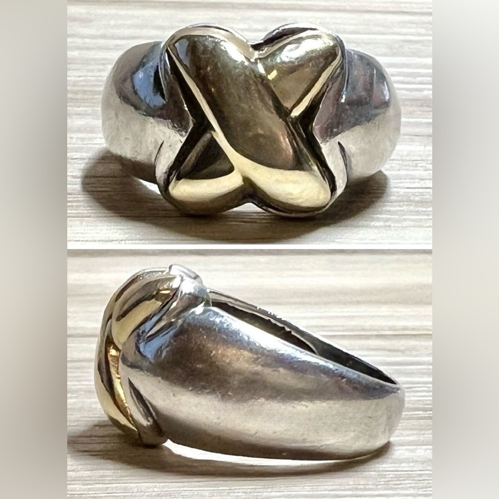 Vintage Designer Hallmarked 950 Silver & 18K Gold Puffy X Band Ring, Size 7